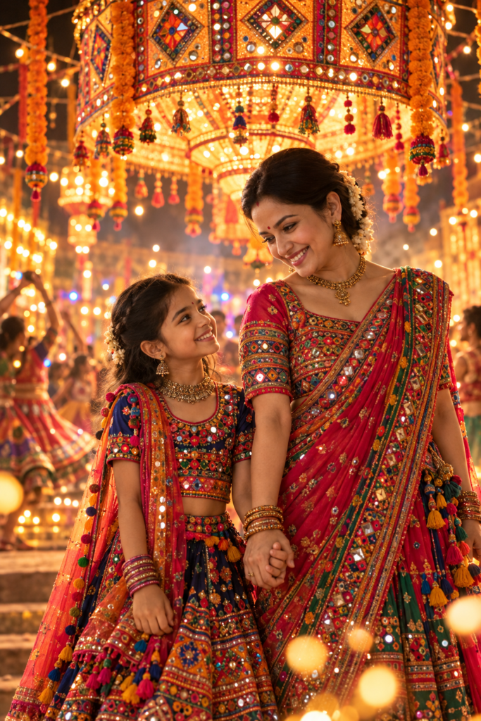 Navratri Mother and Daughter AI Photo Prompts in Traditional Gujarati Outfits