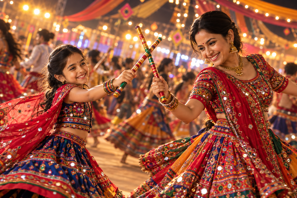 Navratri Mother and Daughter AI Photo Prompts in Traditional Gujarati Outfits
