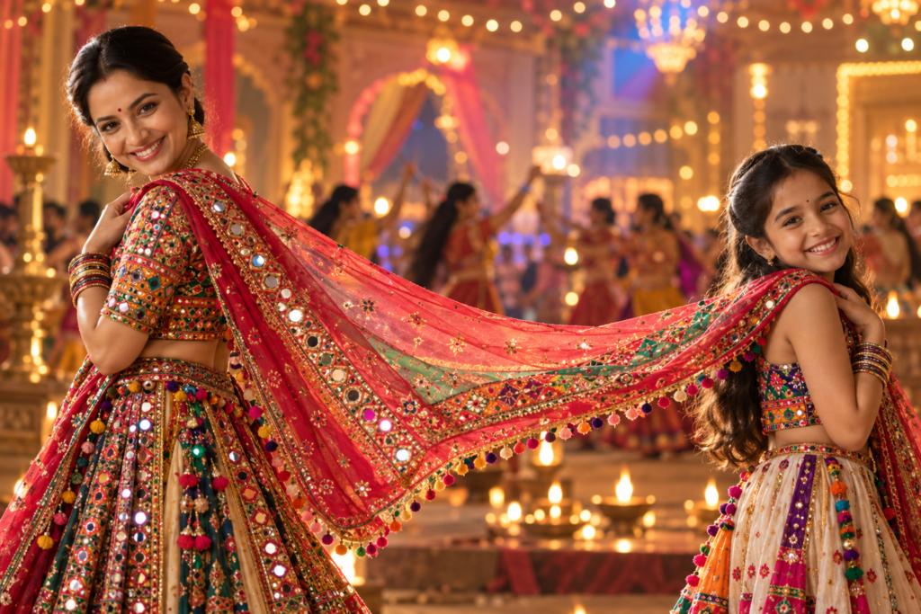 Navratri Mother and Daughter AI Photo Prompts in Traditional Gujarati Outfits