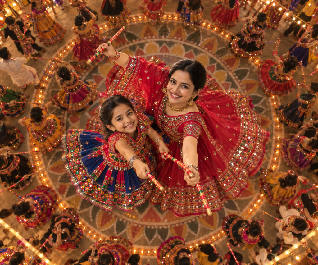 Navratri Mother and Daughter AI Photo Prompts in Traditional Gujarati Outfits