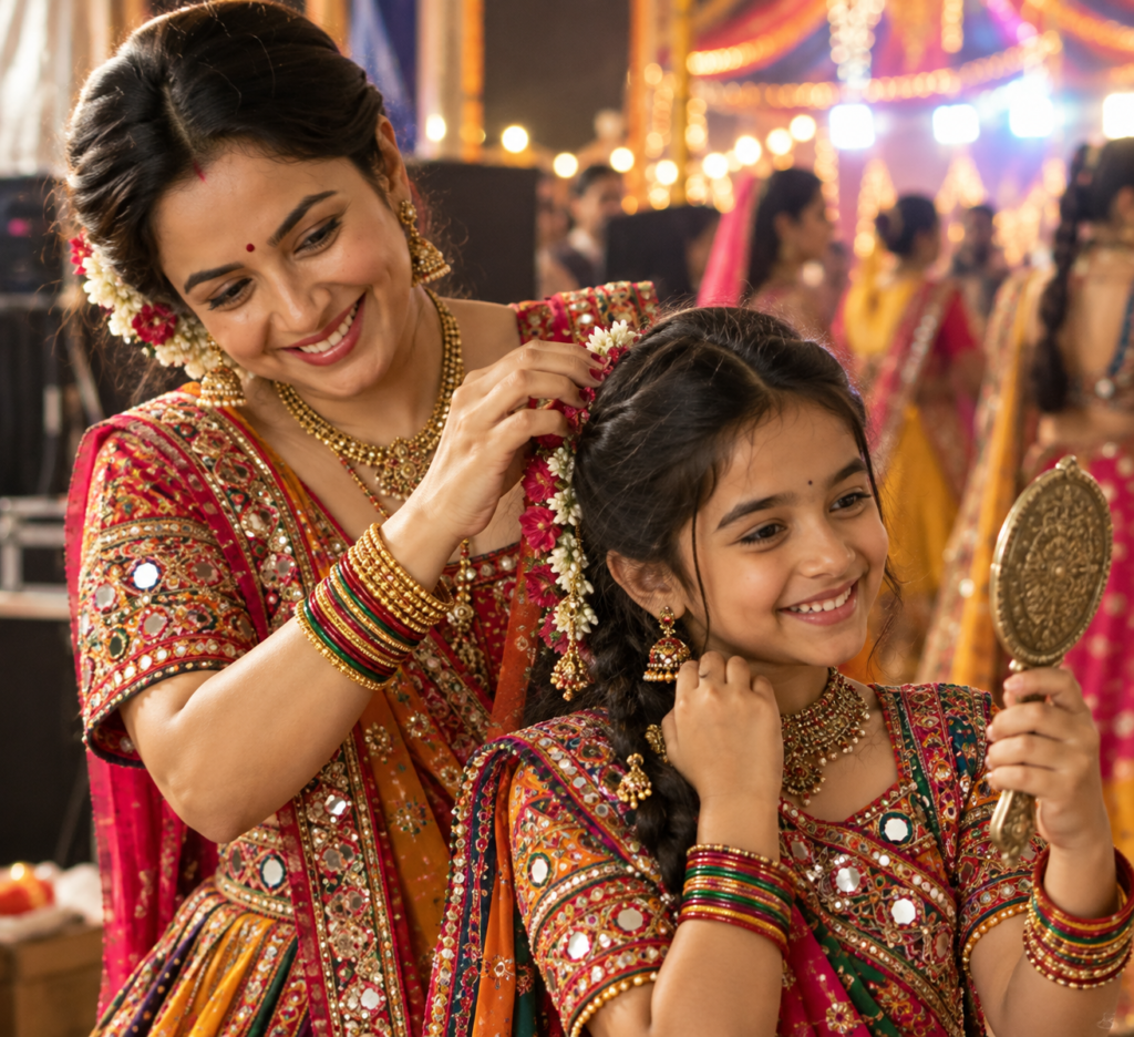 Navratri Mother and Daughter AI Photo Prompts in Traditional Gujarati Outfits