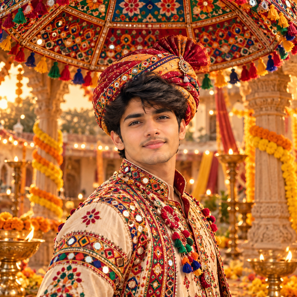 Navratri DP for Boys in traditional Gujarati kediyu