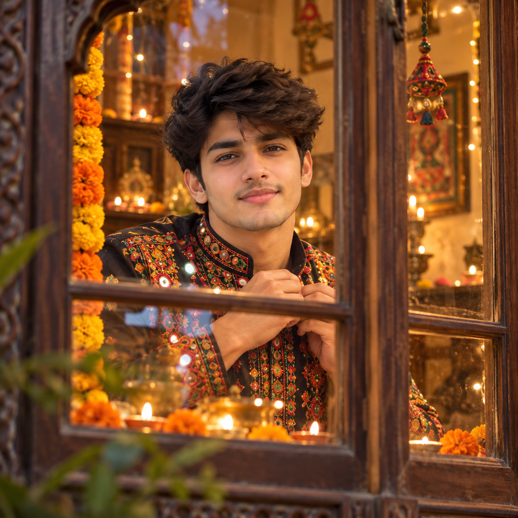 Navratri DP for Boys in traditional Gujarati kediyu