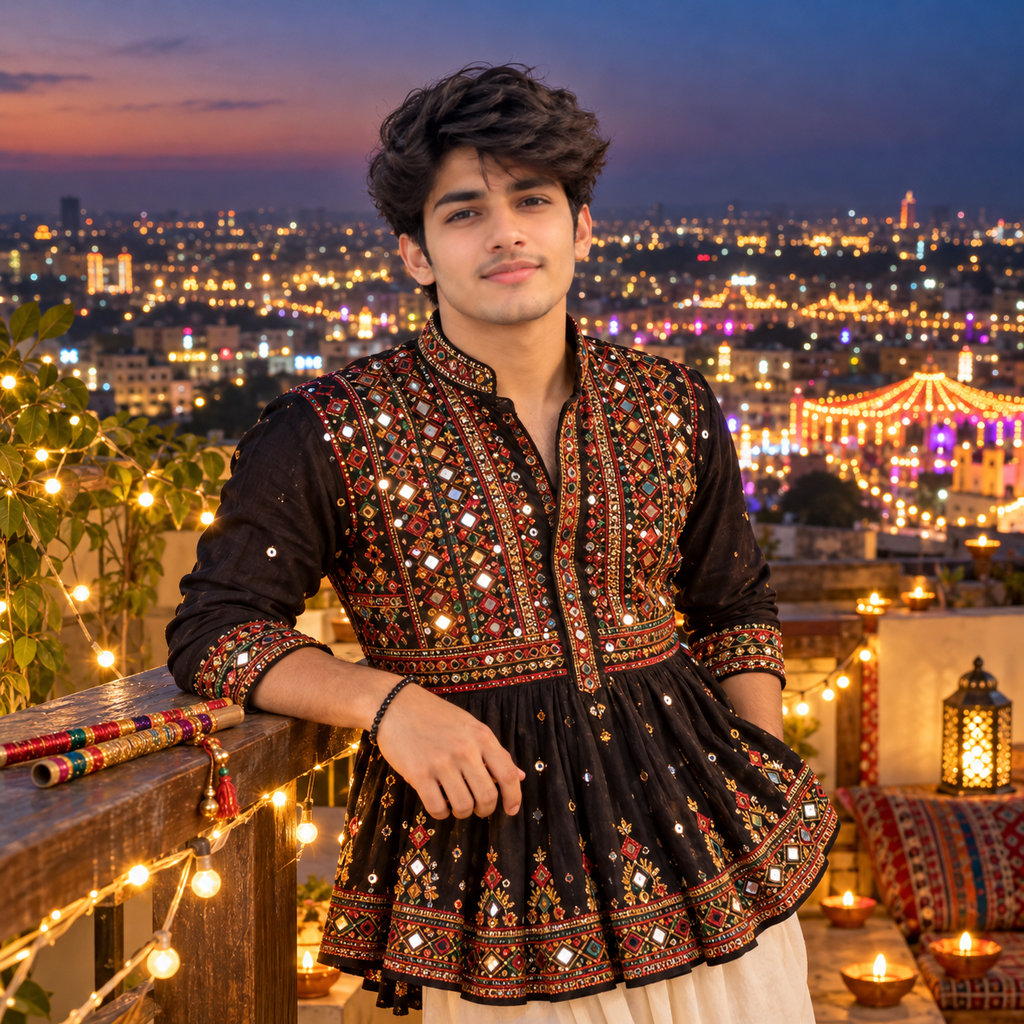 Navratri DP for Boys in traditional Gujarati kediyu