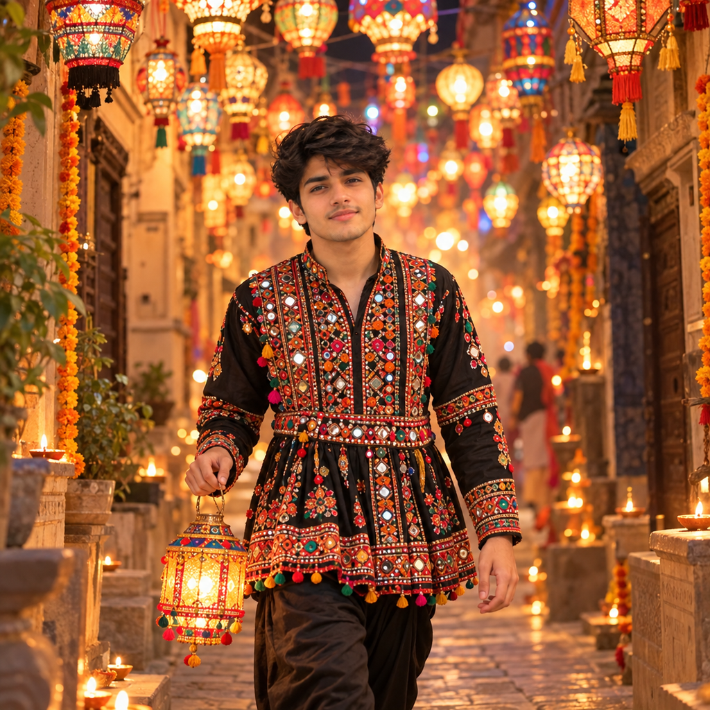 Navratri DP for Boys in traditional Gujarati kediyu