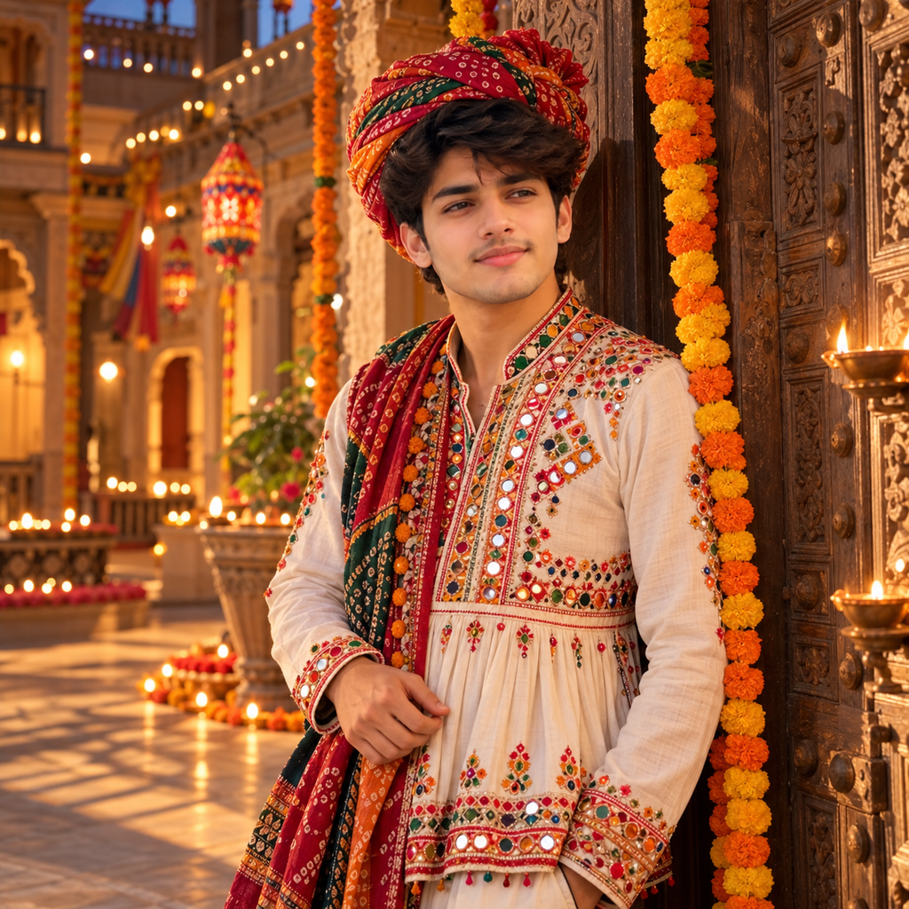 Navratri DP for Boys in traditional Gujarati kediyu
