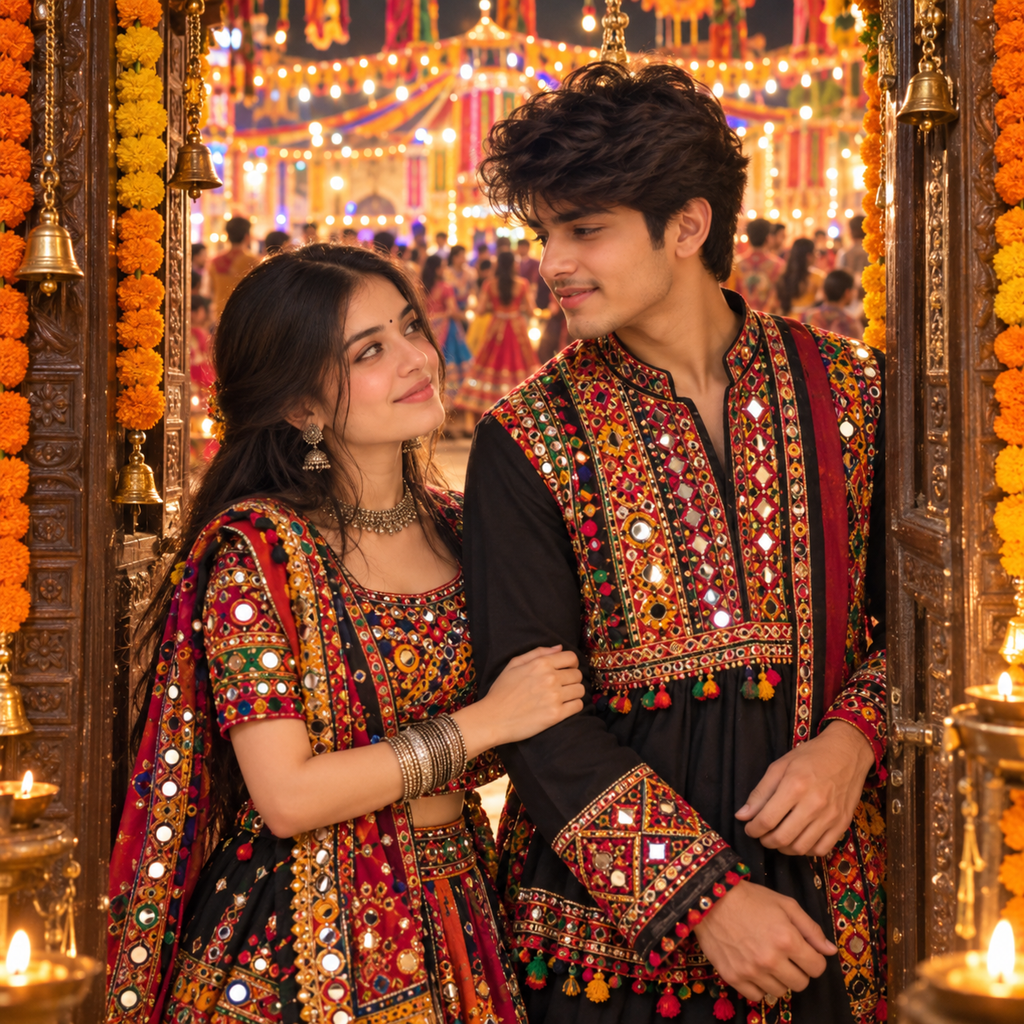 Navratri Couple DP in traditional Gujarati outfits