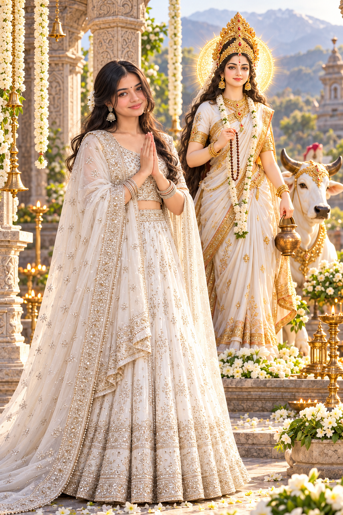 Maa Brahmacharini AI photo prompt for girls in a white lehenga