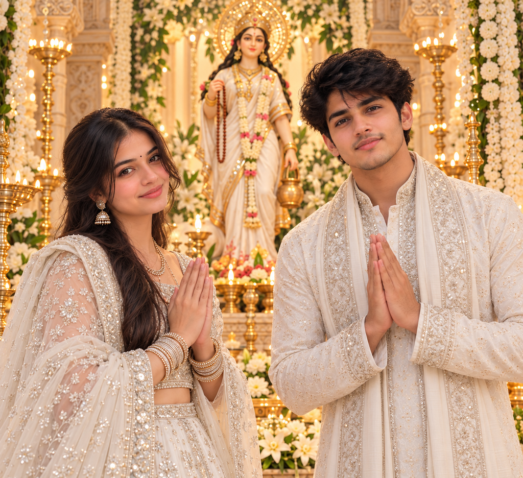 Maa Brahmacharini AI couple photo prompt in matching white traditional outfits