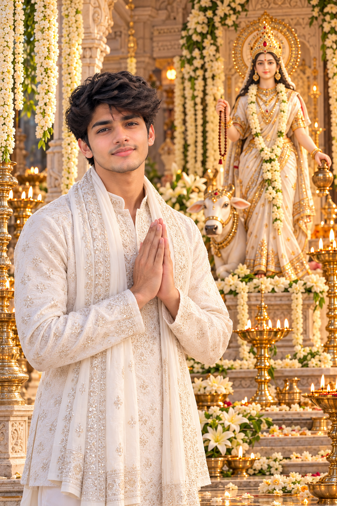 Maa Brahmacharini AI photo prompt for boys in a white kurta