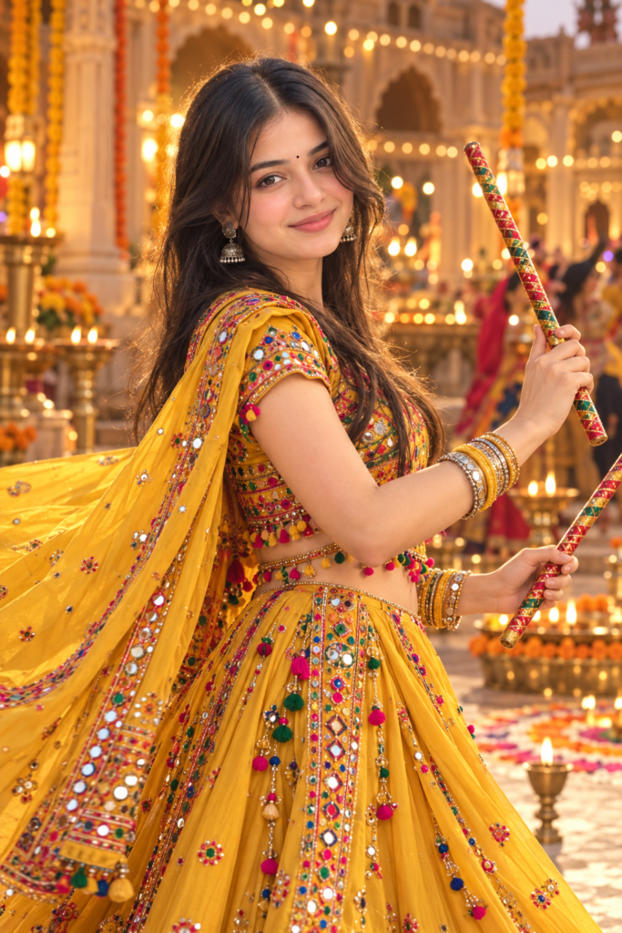 Navratri AI photo prompt for girls in yellow Gujarati lehenga