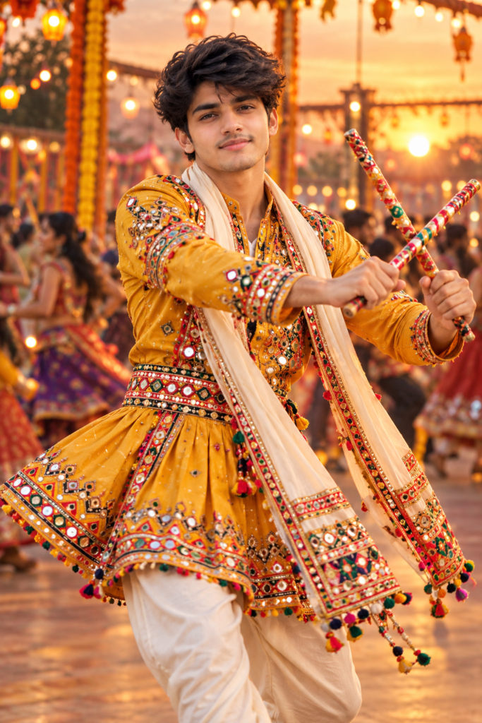Navratri AI photo prompt for boys in yellow Gujarati kediyu