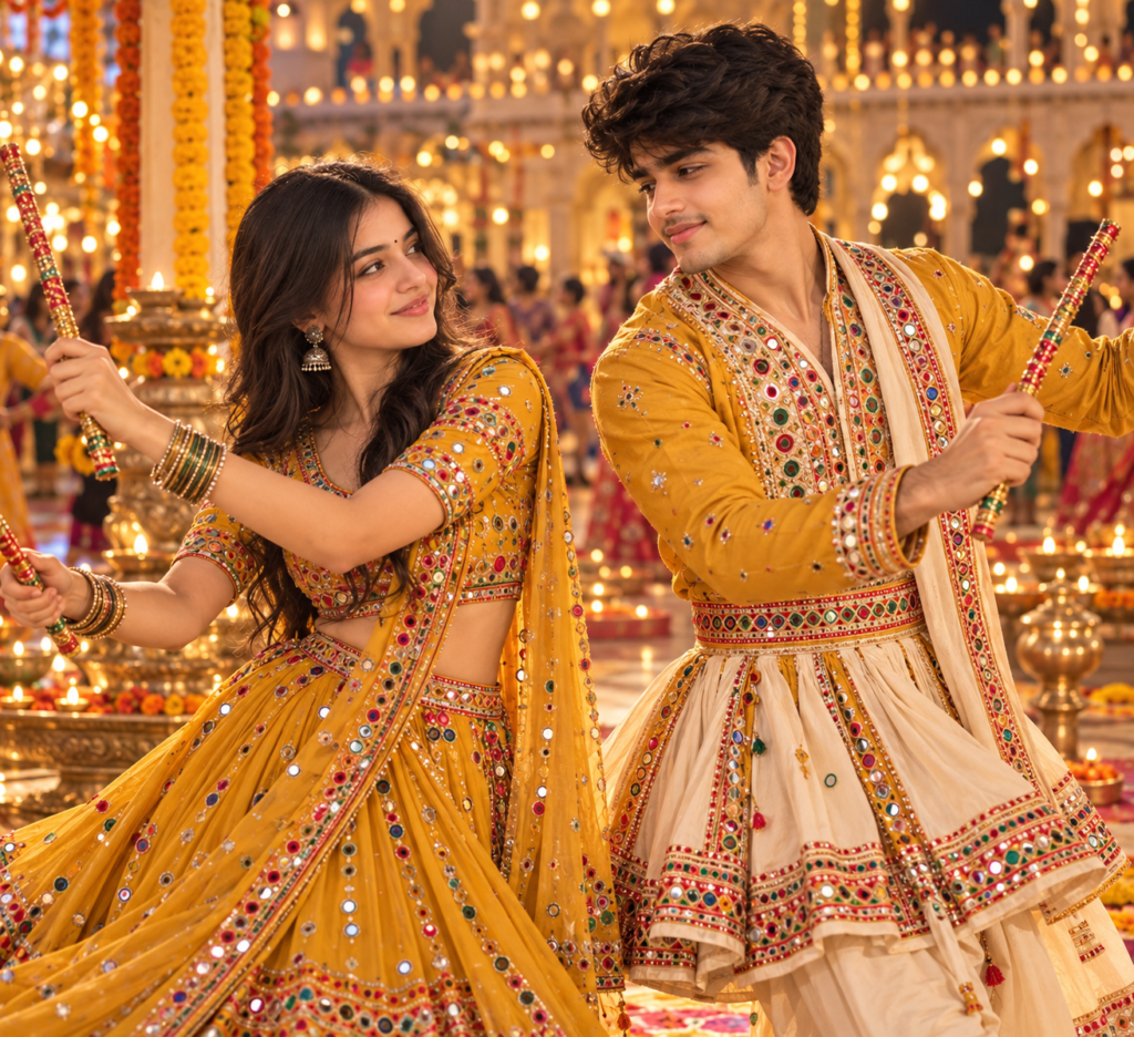 Yellow Navratri AI photo prompt for couples doing Garba