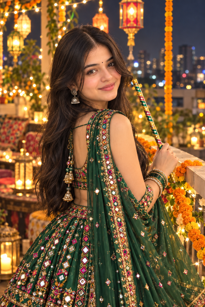 Green Navratri AI photo prompt for girls in traditional lehenga