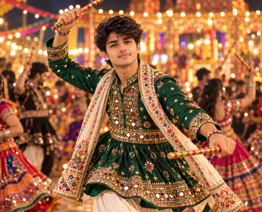 Green Navratri AI photo prompt for boys in Gujarati kediyu