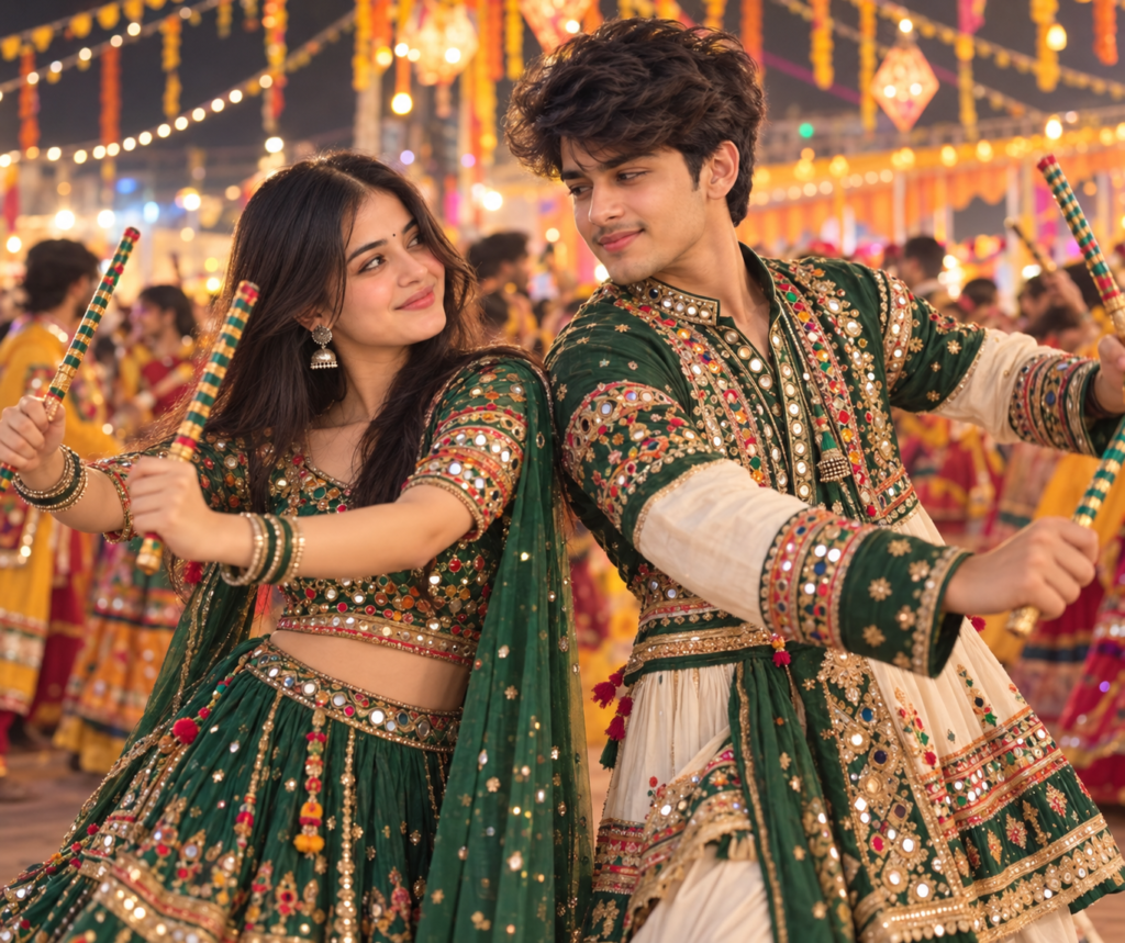 Green Navratri AI photo prompt for couples in Garba outfits