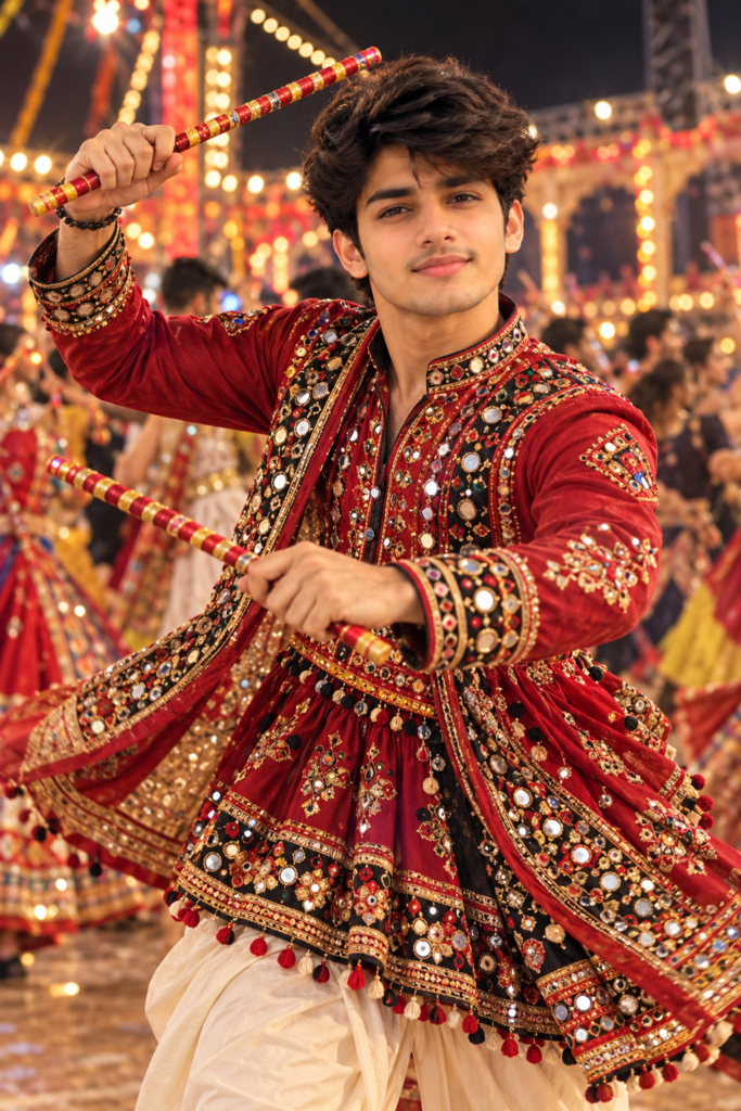 Red Navratri AI photo prompt for boys with dandiya sticks