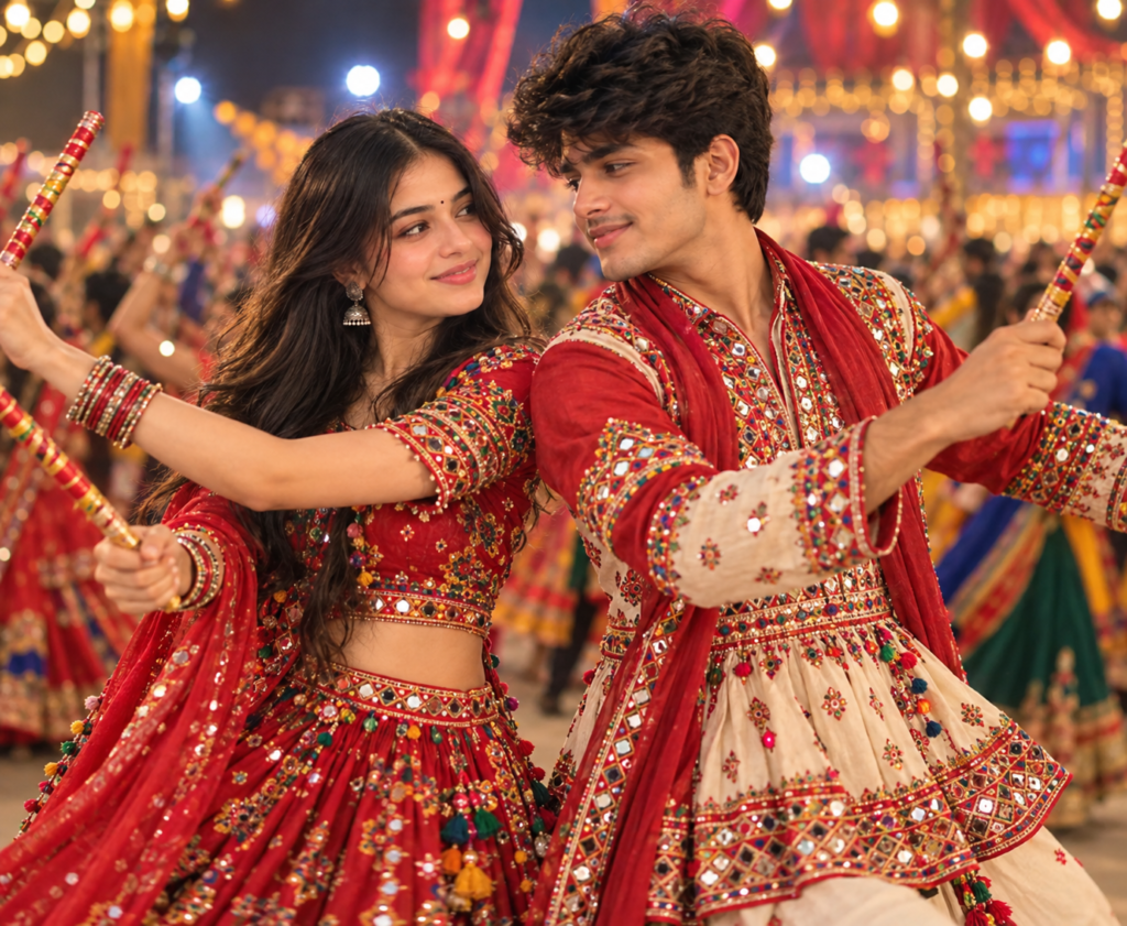Red Navratri AI photo prompt for couples dancing Garba