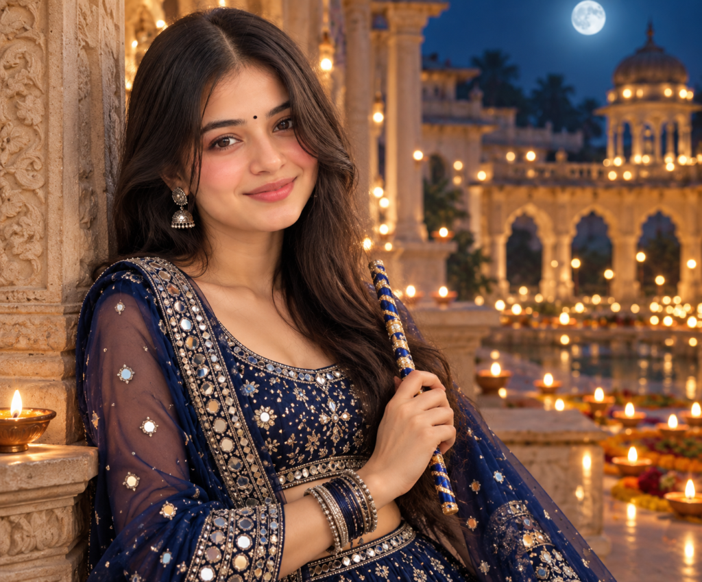 Blue Navratri AI photo prompt for girls in traditional lehenga