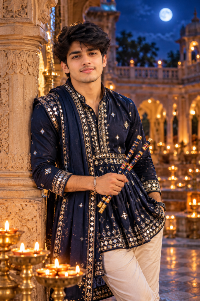 Blue Navratri AI photo prompt for boys in Gujarati traditional outfit