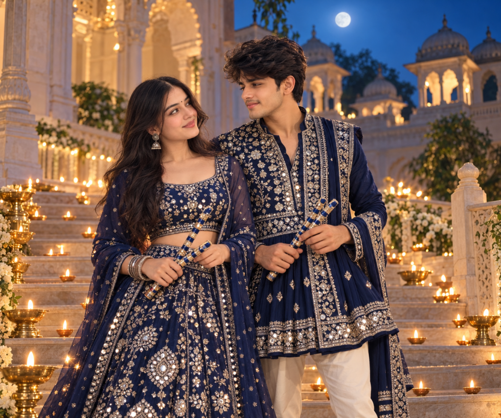 Blue Navratri AI photo prompt for couples in palace setting