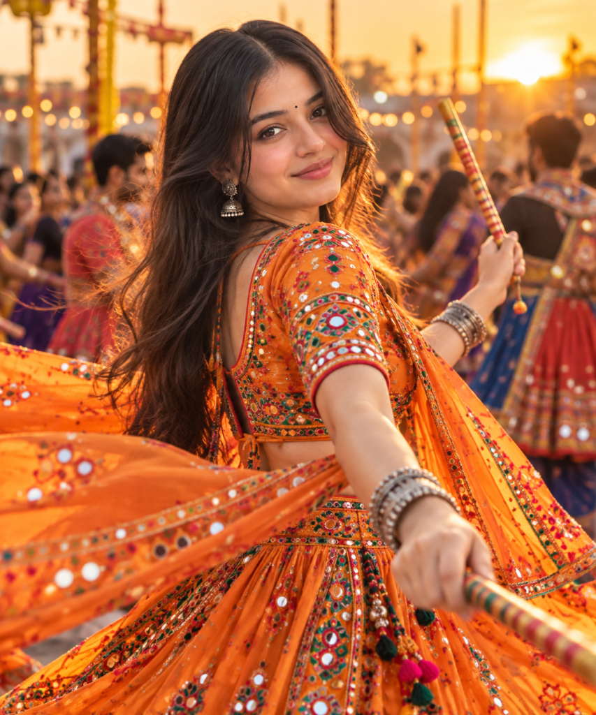 Orange Navratri AI photo prompt for girls at sunset Garba