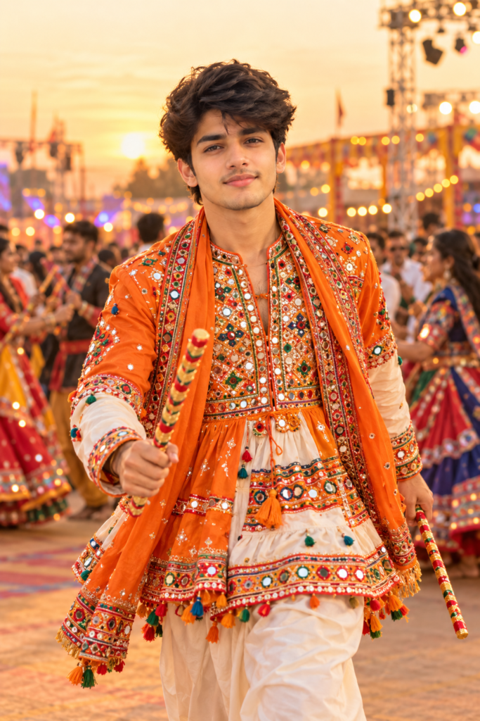 Orange Navratri AI photo prompt for boys in Gujarati festival outfit