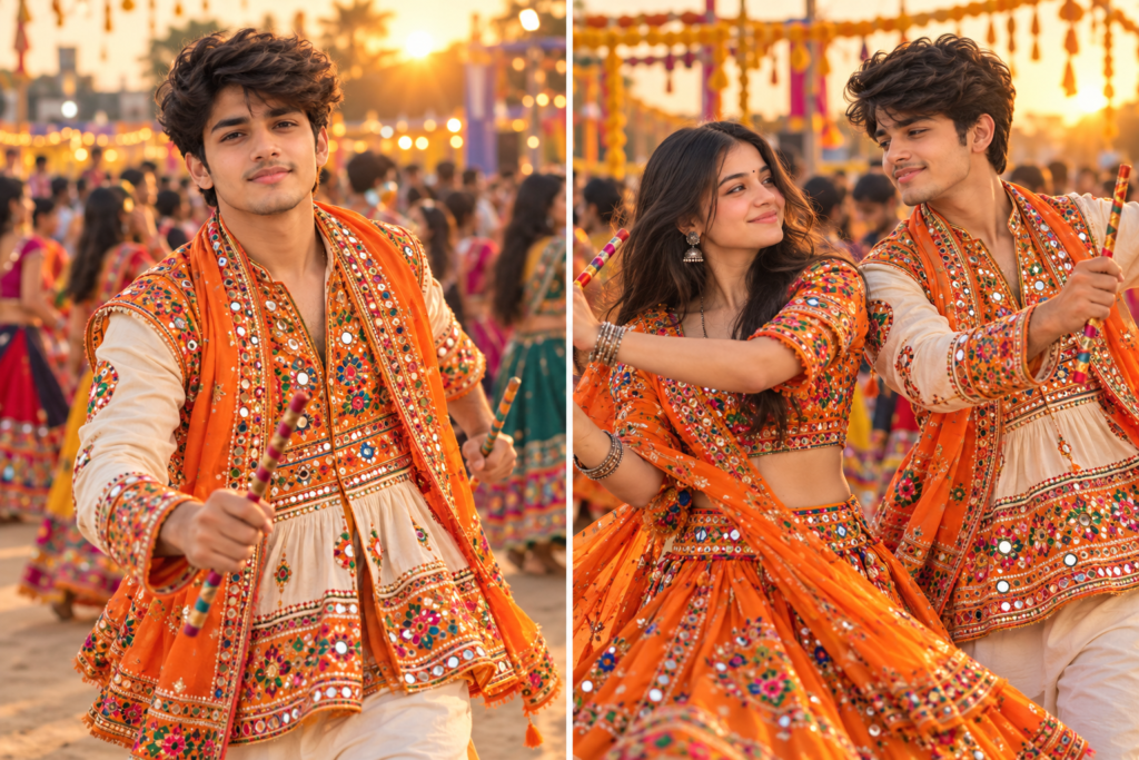 Orange Navratri AI photo prompt for couples dancing at sunset