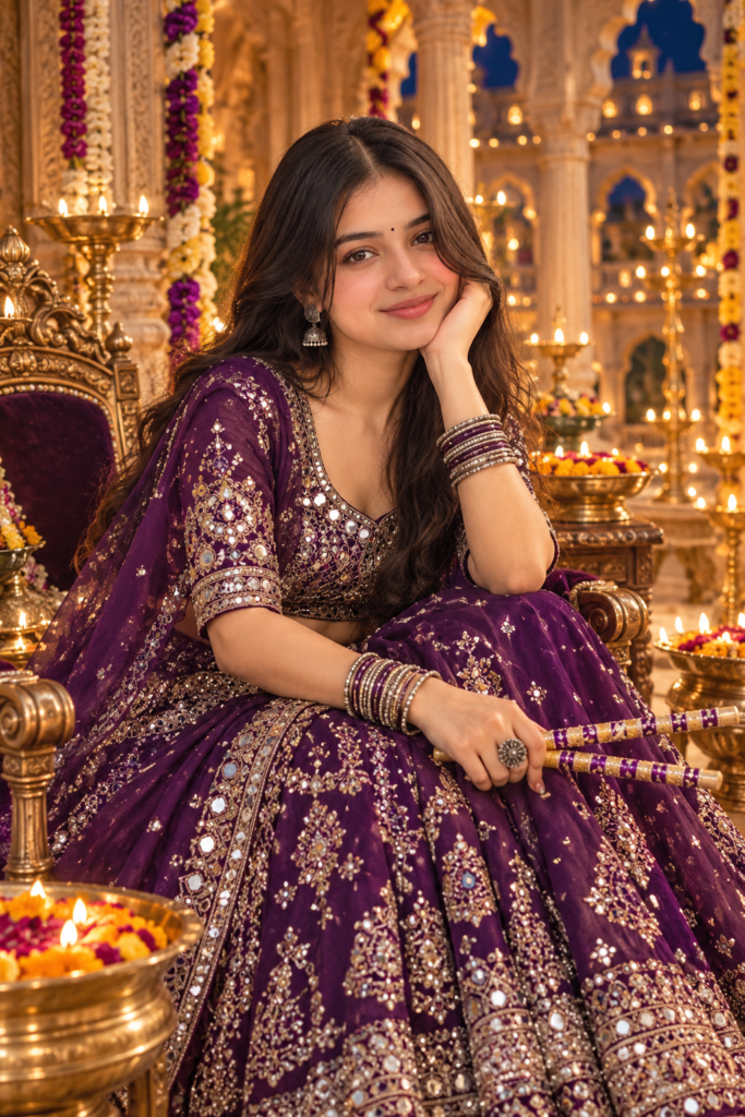 Purple Navratri AI photo prompt for girls in royal lehenga