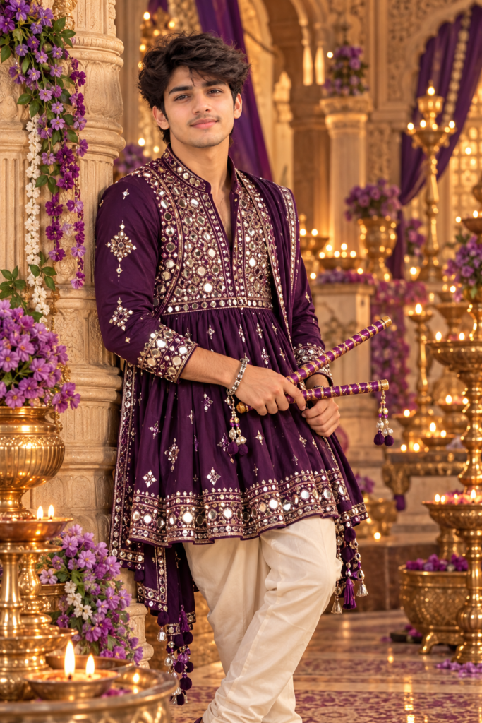 Purple Navratri AI photo prompt for boys in traditional Gujarati outfit