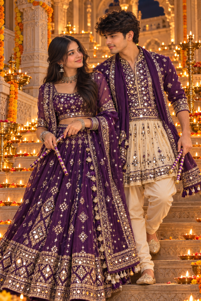 Purple Navratri AI photo prompt for couples in royal palace