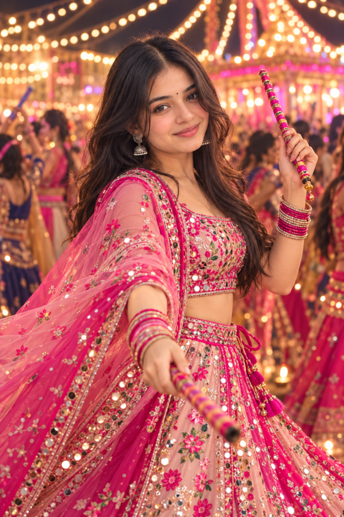 Pink Navratri AI photo prompt for girls at Garba night