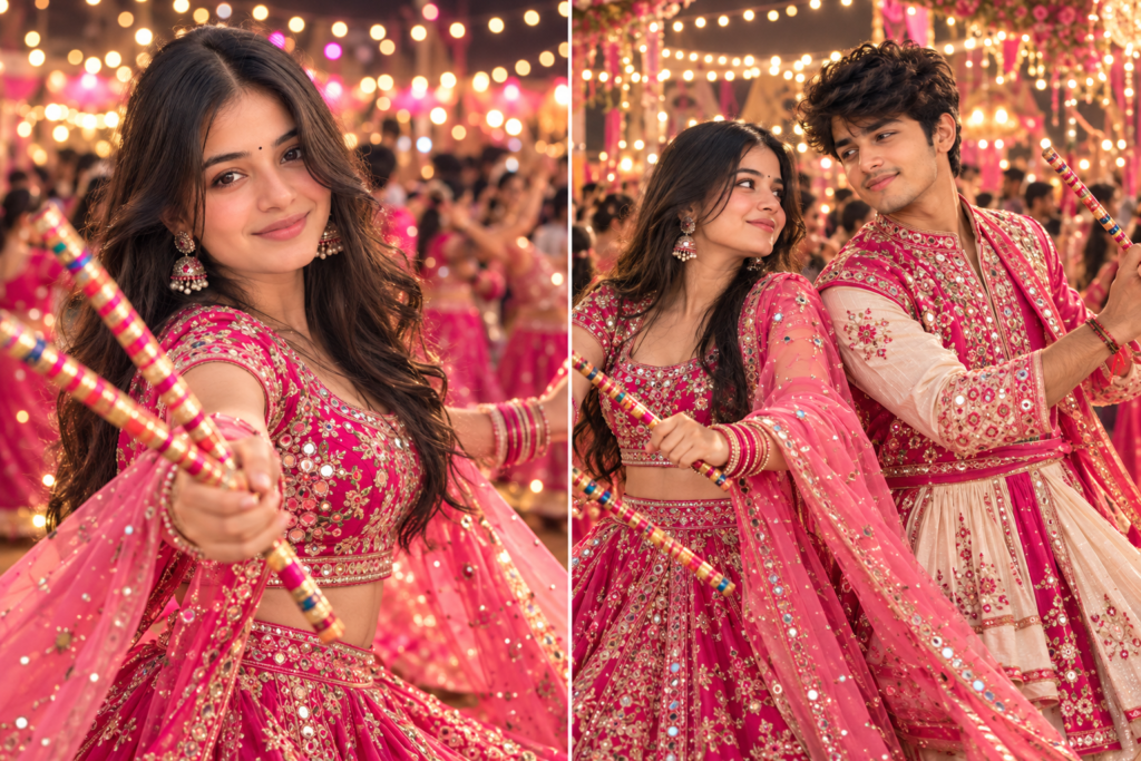Pink Navratri AI photo prompt for couples celebrating Garba