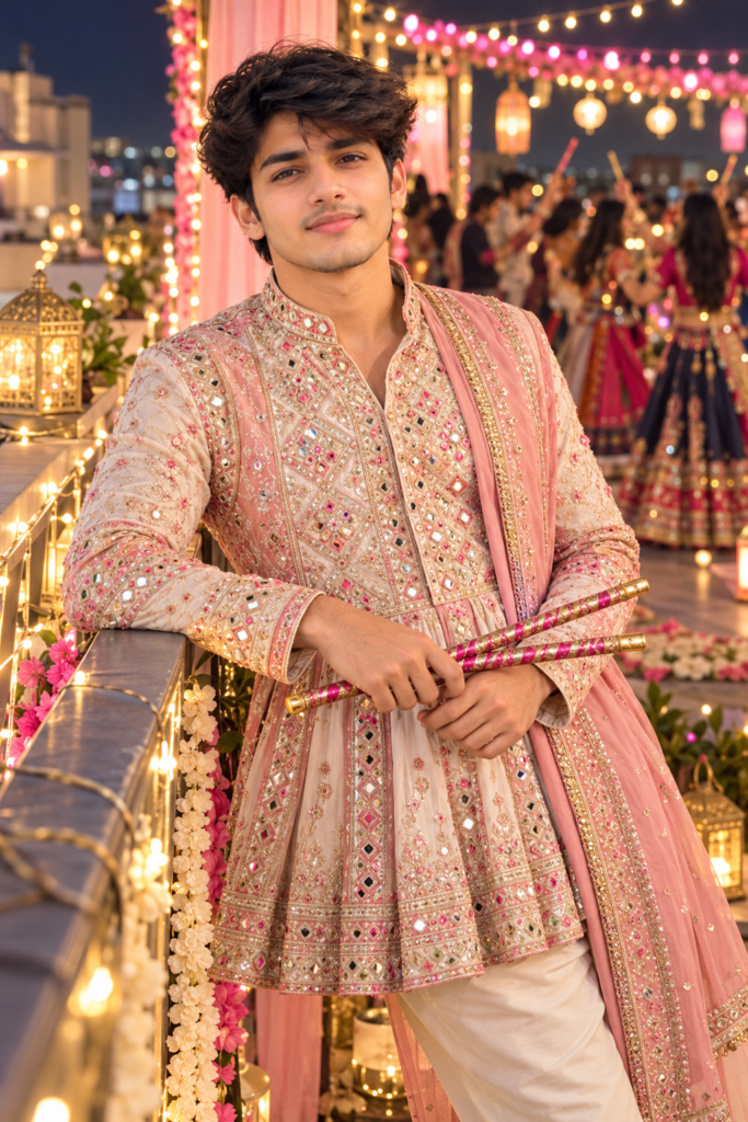 Pink Navratri AI photo prompt for boys in modern Gujarati outfit