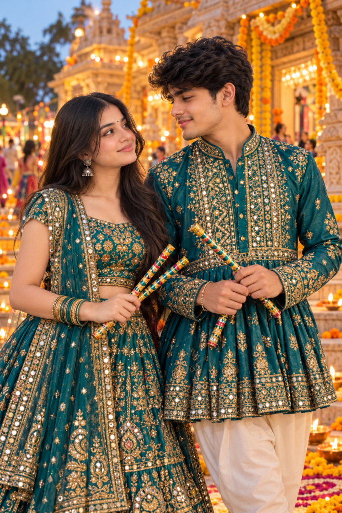 Teal Navratri AI photo prompt for couples at temple celebration