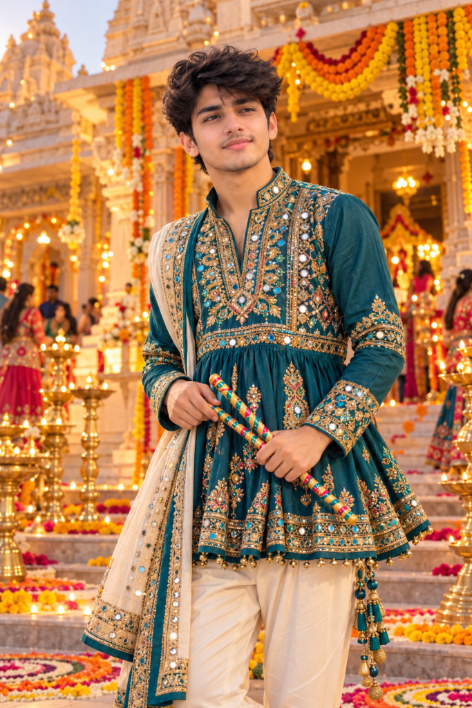 Teal Navratri AI photo prompt for boys in Gujarati kediyu