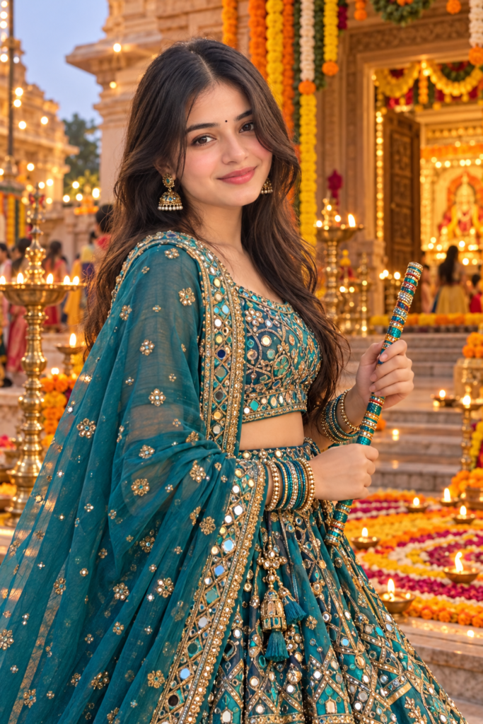 Teal Navratri AI photo prompt for girls at decorated temple