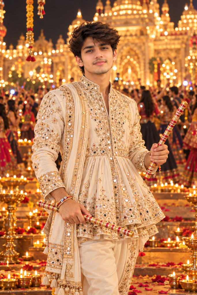 White and gold Navratri AI photo prompt for boys