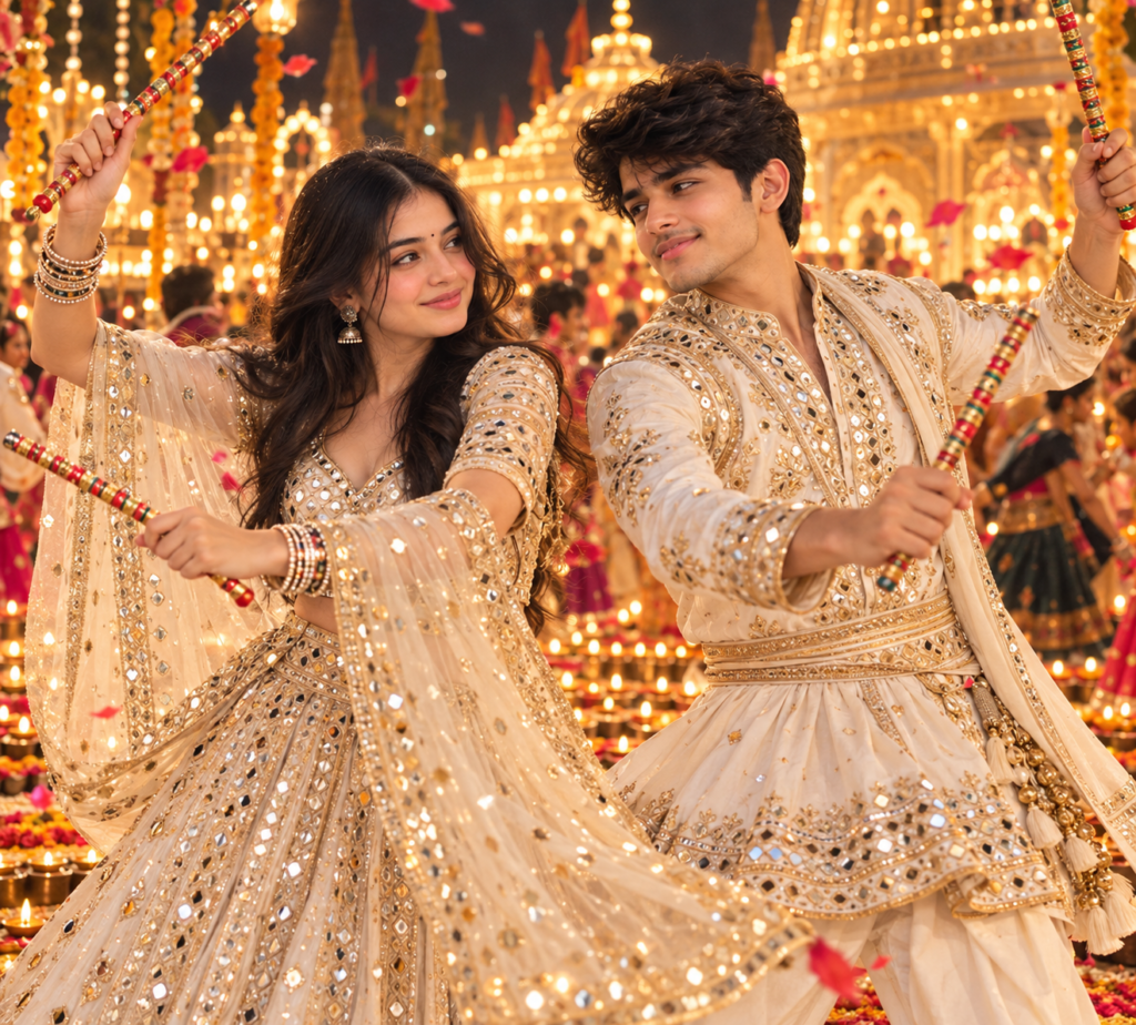 White and gold Navratri AI photo prompt for couples doing Garba