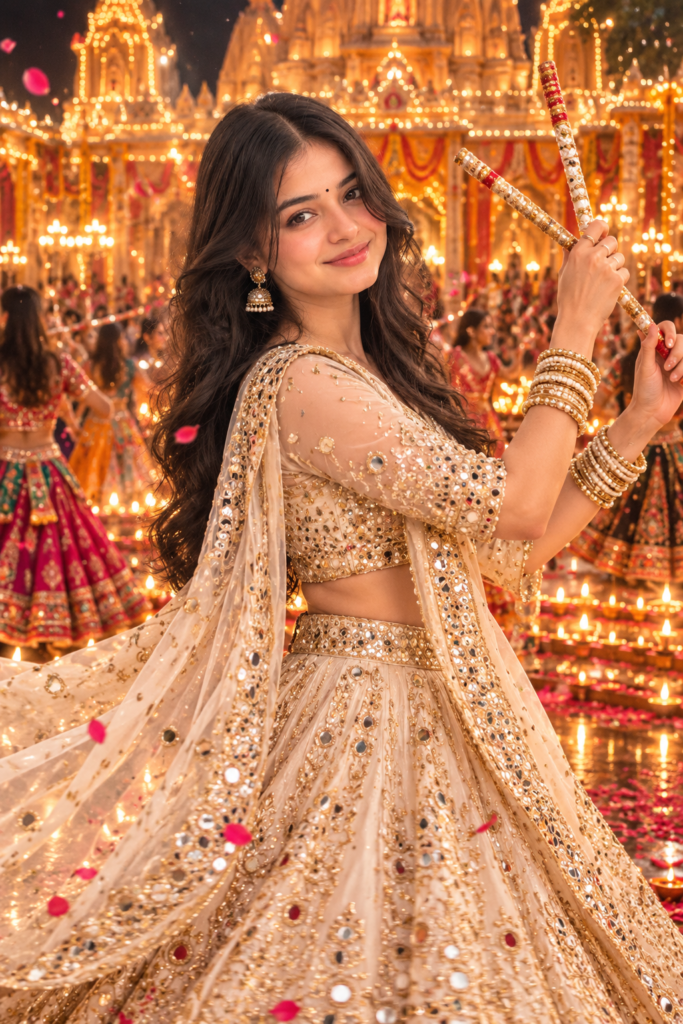 White and gold Navratri AI photo prompt for girls