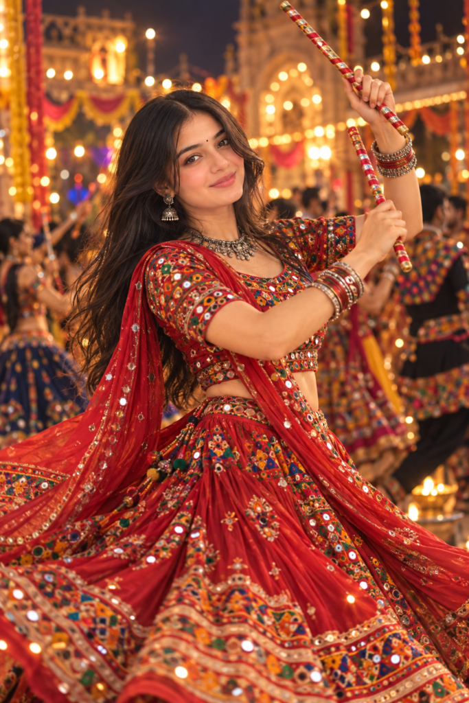 Red Navratri AI photo prompt for girls in chaniya choli